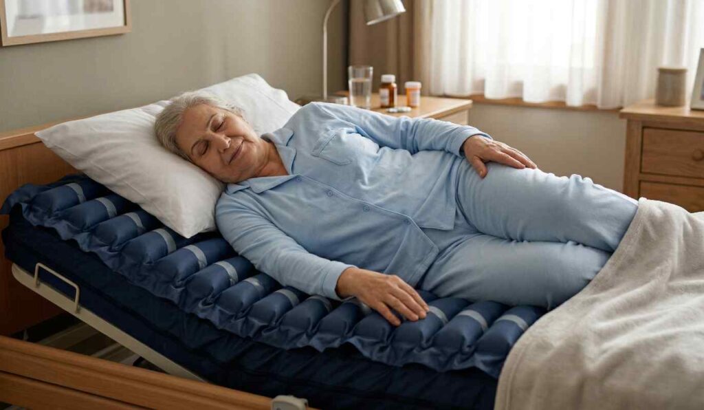 Pozisyon veren havalı yatak üzerinde yatan felçli hasta