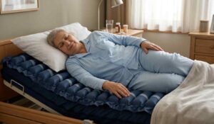 Pozisyon veren havalı yatak üzerinde yatan felçli hasta